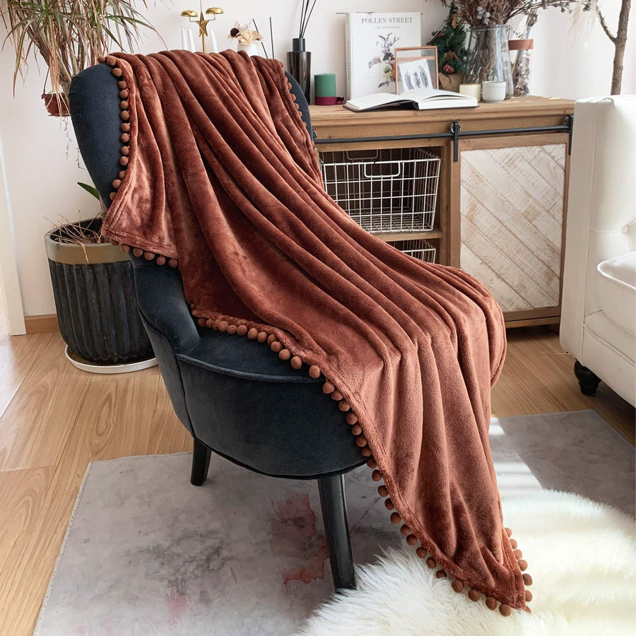 Flannel Blanket with Pompom Fringe Lightweight Cozy Bed Blanket Soft Throw