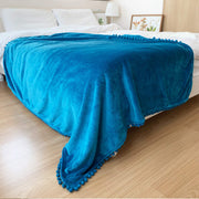 Flannel Blanket with Pompom Fringe Lightweight Cozy Bed Blanket Soft Throw