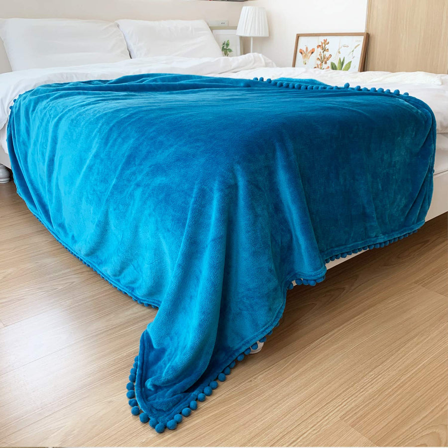 Flannel Blanket with Pompom Fringe Lightweight Cozy Bed Blanket Soft Throw