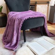 Flannel Blanket with Pompom Fringe Lightweight Cozy Bed Blanket Soft Throw