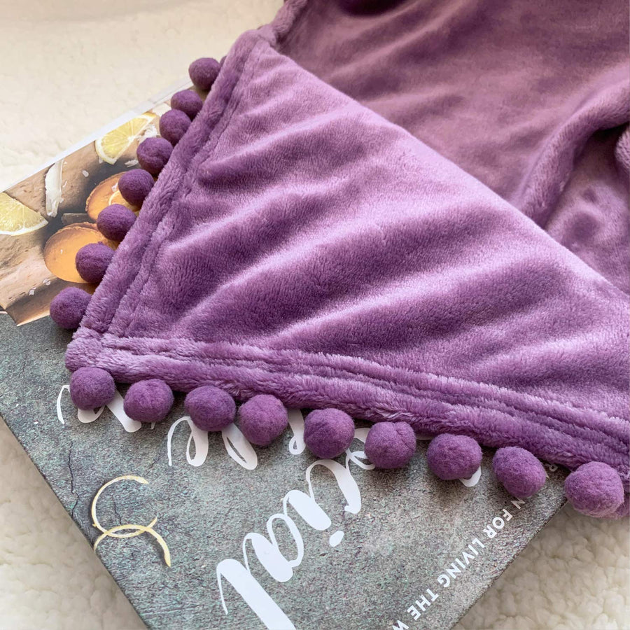 Flannel Blanket with Pompom Fringe Lightweight Cozy Bed Blanket Soft Throw