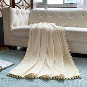Flannel Blanket with Pompom Fringe Lightweight Cozy Bed Blanket Soft Throw