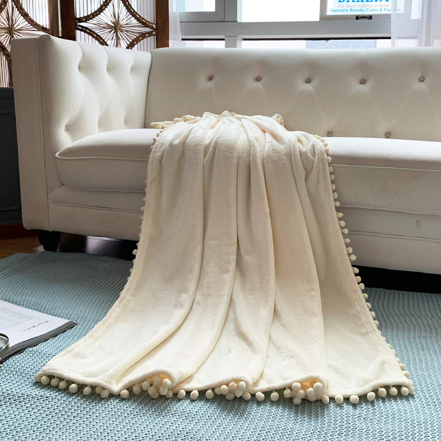 Flannel Blanket with Pompom Fringe Lightweight Cozy Bed Blanket Soft Throw