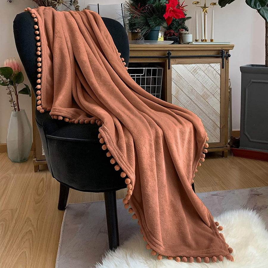 Flannel Blanket with Pompom Fringe Lightweight Cozy Bed Blanket Soft Throw