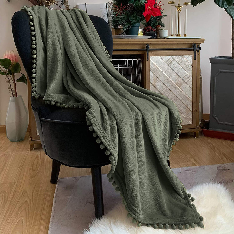 Flannel Blanket with Pompom Fringe Lightweight Cozy Bed Blanket Soft Throw