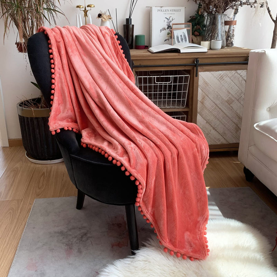 Flannel Blanket with Pompom Fringe Lightweight Cozy Bed Blanket Soft Throw