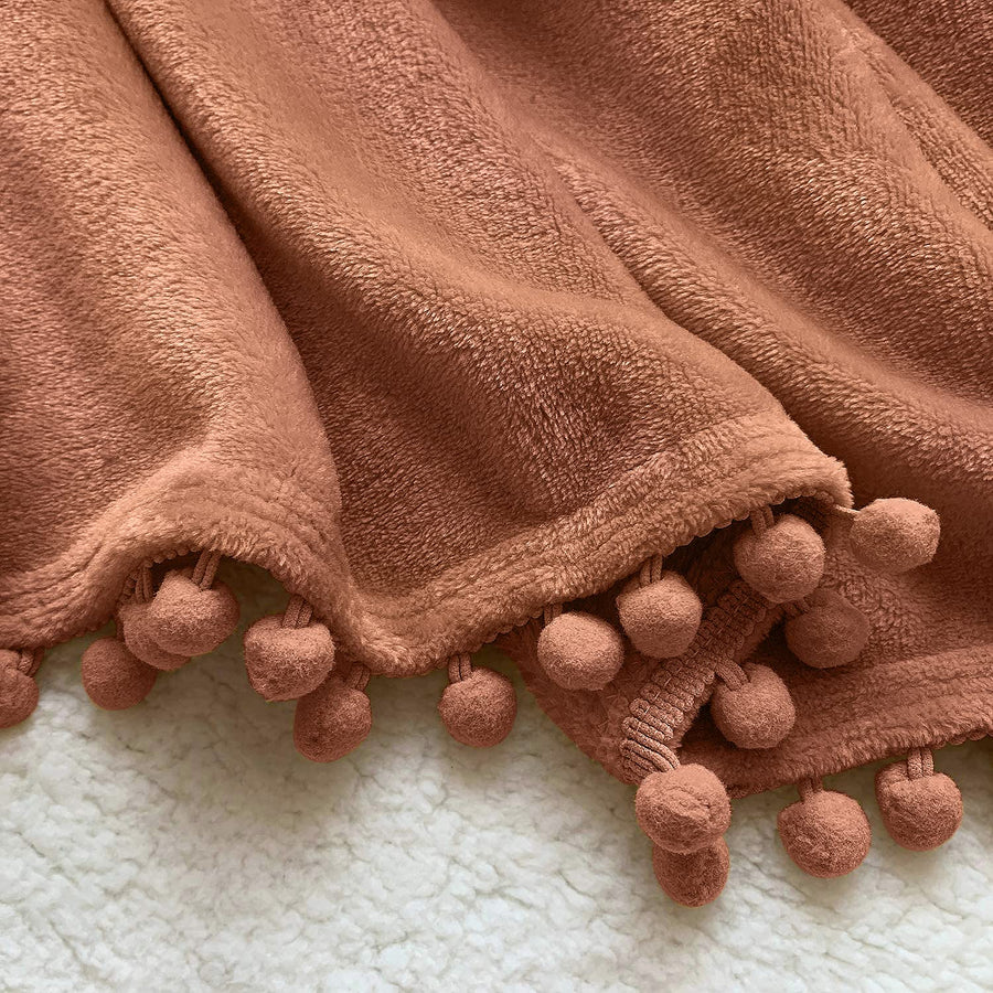 Flannel Blanket with Pompom Fringe Lightweight Cozy Bed Blanket Soft Throw