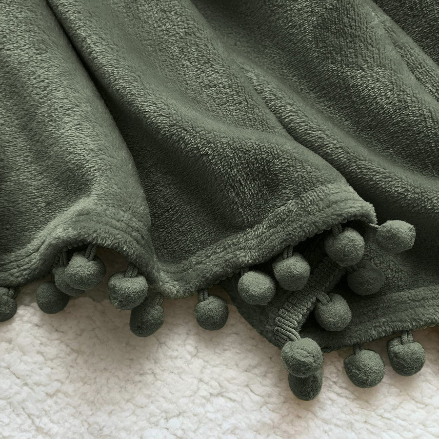 Flannel Blanket with Pompom Fringe Lightweight Cozy Bed Blanket Soft Throw