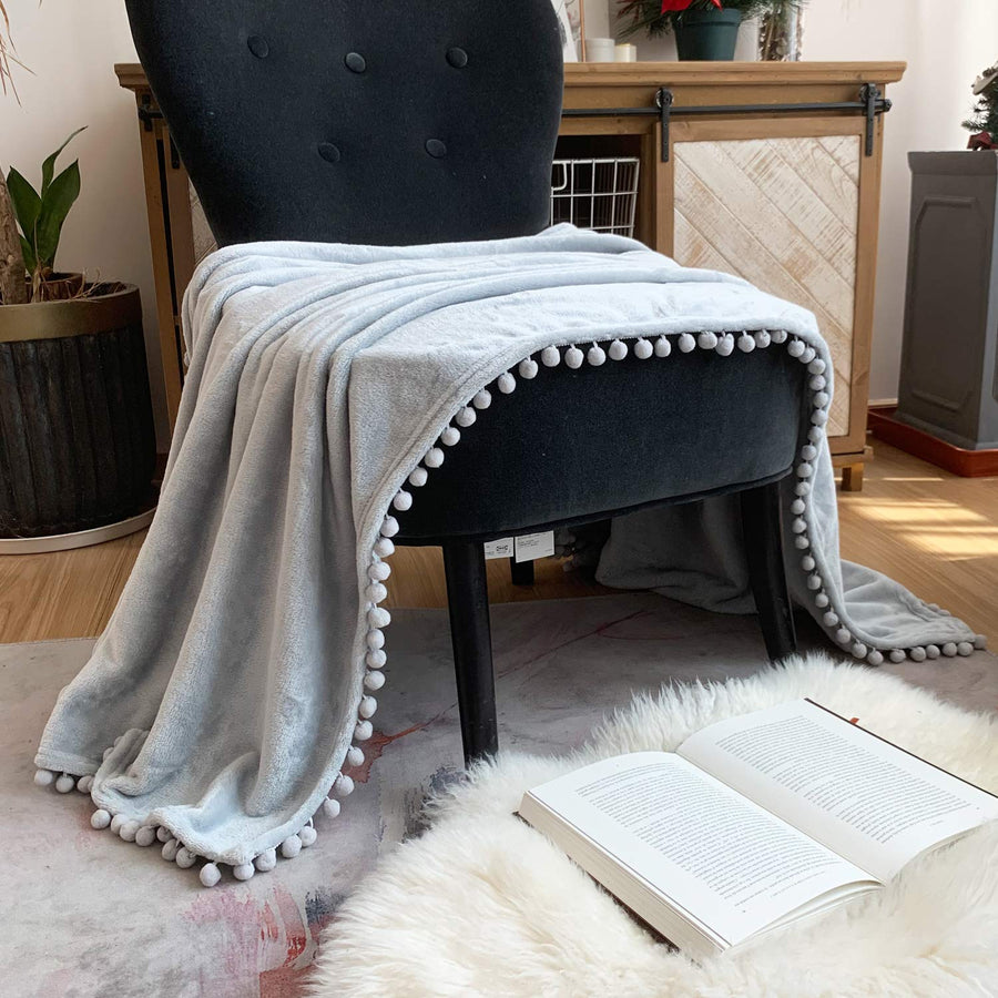 Flannel Blanket with Pompom Fringe Lightweight Cozy Bed Blanket Soft Throw