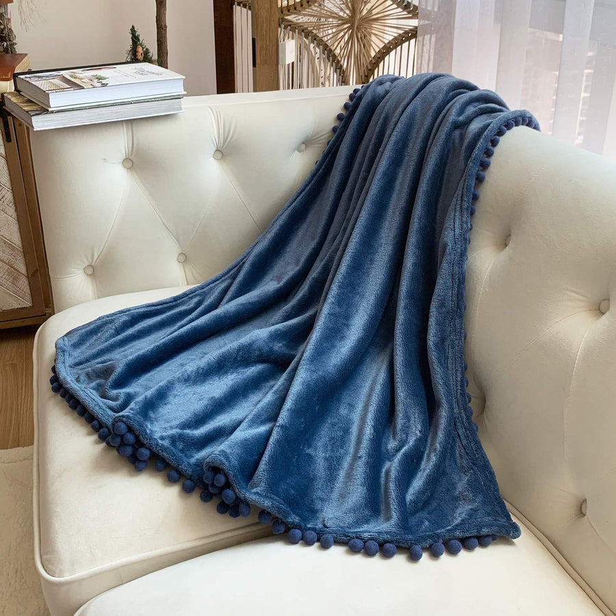 Flannel Blanket with Pompom Fringe Lightweight Cozy Bed Blanket Soft Throw