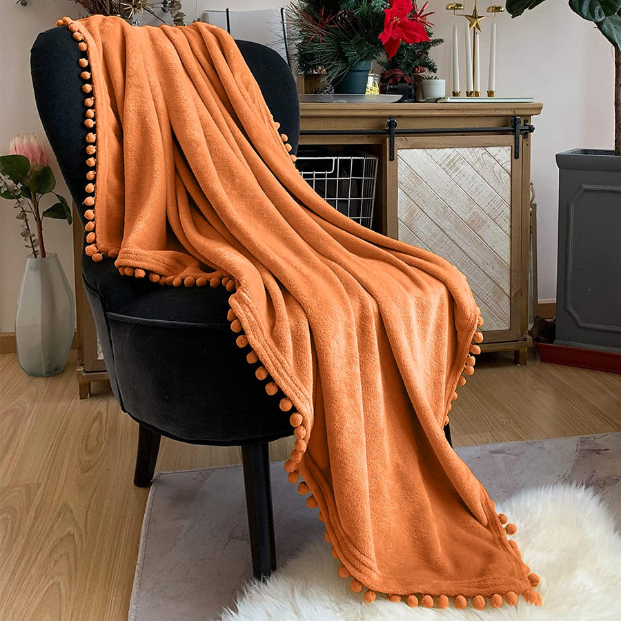 Flannel Blanket with Pompom Fringe Lightweight Cozy Bed Blanket Soft Throw