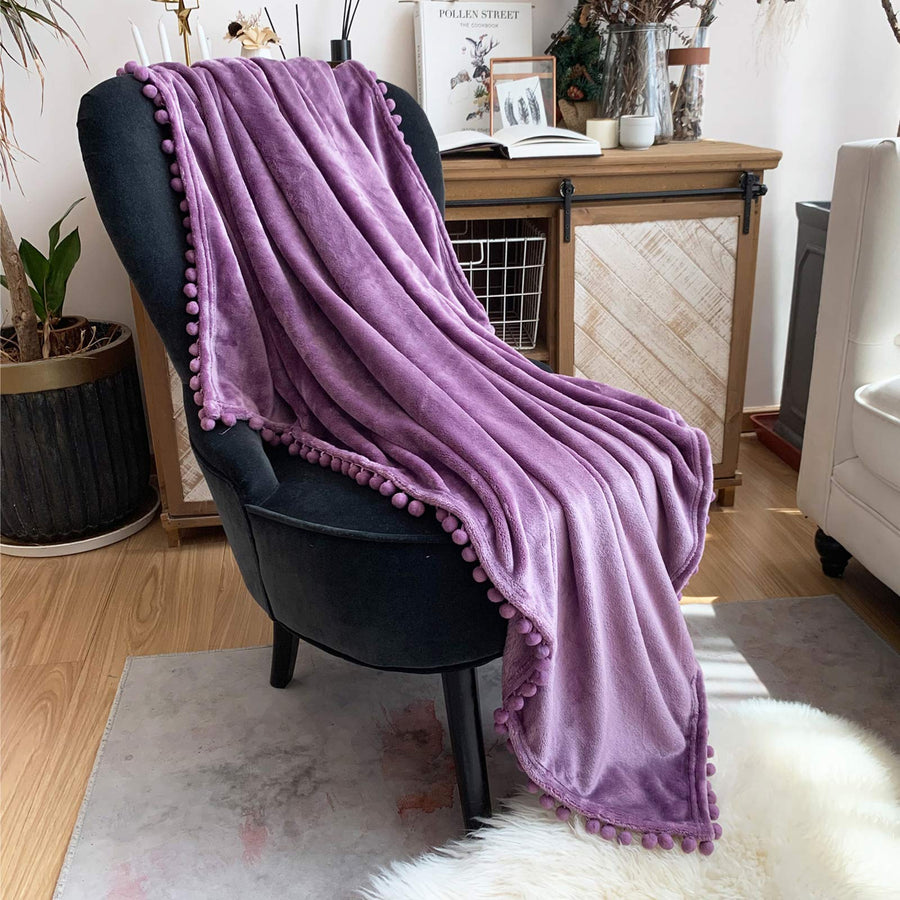 Flannel Blanket with Pompom Fringe Lightweight Cozy Bed Blanket Soft Throw