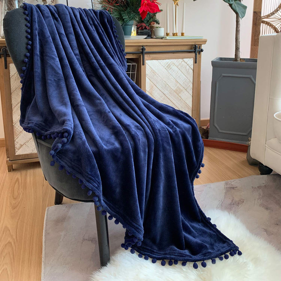 Flannel Blanket with Pompom Fringe Lightweight Cozy Bed Blanket Soft Throw