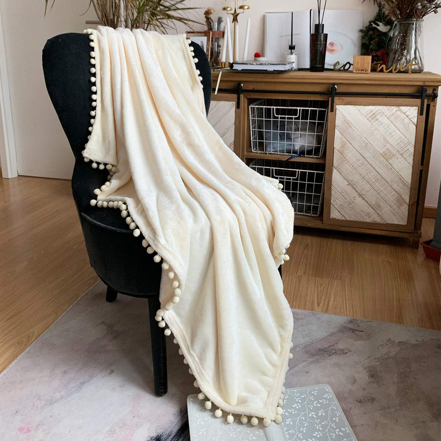 Flannel Blanket with Pompom Fringe Lightweight Cozy Bed Blanket Soft Throw