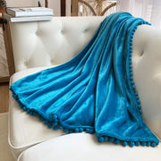 Flannel Blanket with Pompom Fringe Lightweight Cozy Bed Blanket Soft Throw
