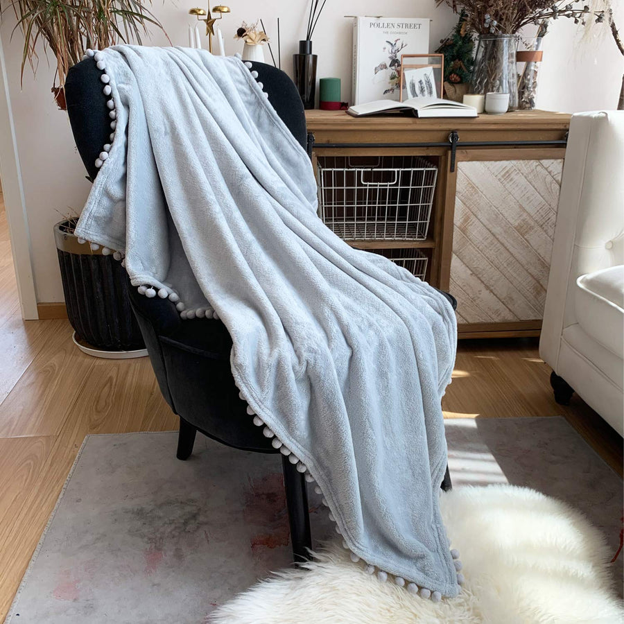 Flannel Blanket with Pompom Fringe Lightweight Cozy Bed Blanket Soft Throw