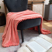 Flannel Blanket with Pompom Fringe Lightweight Cozy Bed Blanket Soft Throw
