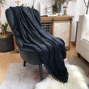Flannel Blanket with Pompom Fringe Lightweight Cozy Bed Blanket Soft Throw
