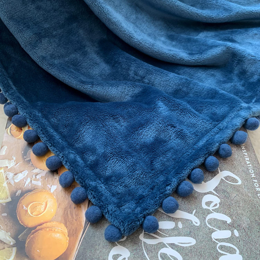 Flannel Blanket with Pompom Fringe Lightweight Cozy Bed Blanket Soft Throw