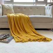 Flannel Blanket with Pompom Fringe Lightweight Cozy Bed Blanket Soft Throw
