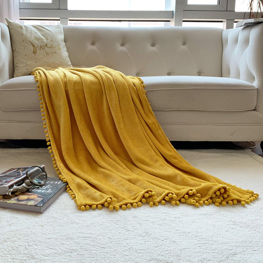 Flannel Blanket with Pompom Fringe Lightweight Cozy Bed Blanket Soft Throw