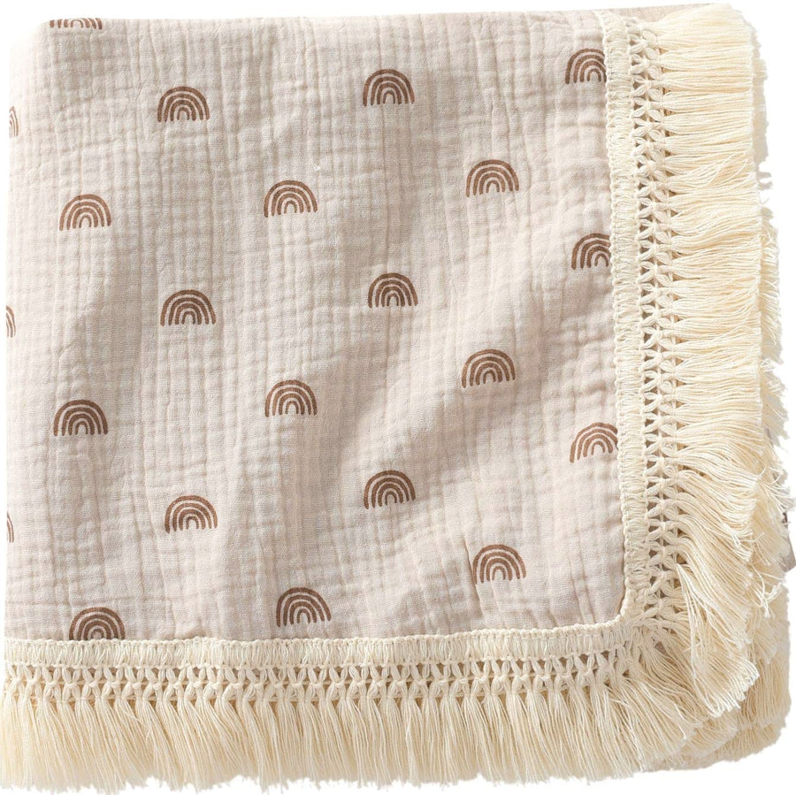 Boho Nursery Decor Rainbow Baby Blanket 40"x 47", Gender Neutral Swaddle Muslin with Fringe, Cotton Muslin Blanket Baby Girl Stuff