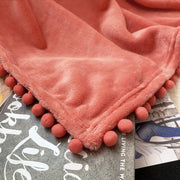 Flannel Blanket with Pompom Fringe Lightweight Cozy Bed Blanket Soft Throw