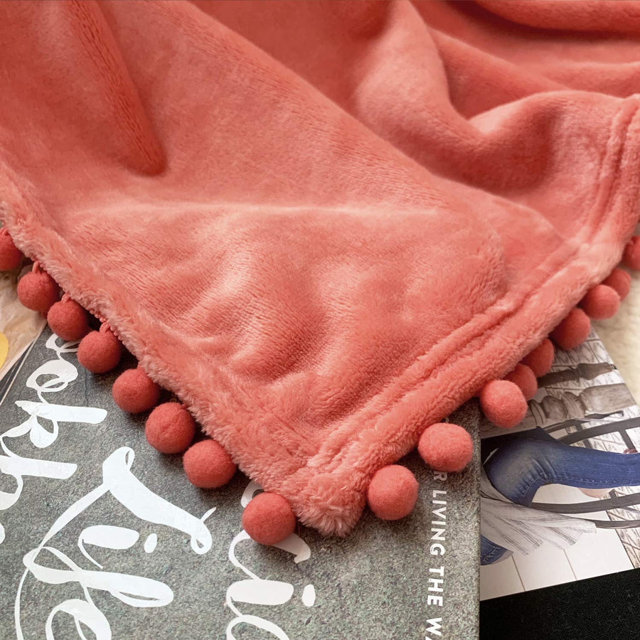 Flannel Blanket with Pompom Fringe Lightweight Cozy Bed Blanket Soft Throw