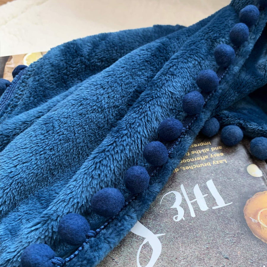 Flannel Blanket with Pompom Fringe Lightweight Cozy Bed Blanket Soft Throw