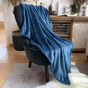 Flannel Blanket with Pompom Fringe Lightweight Cozy Bed Blanket Soft Throw
