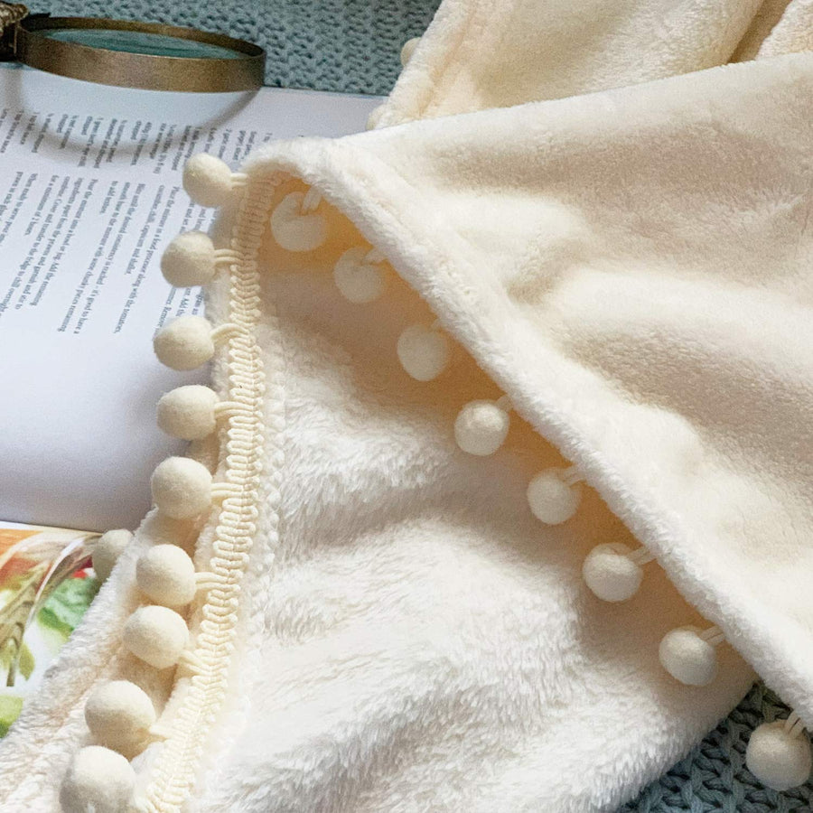 Flannel Blanket with Pompom Fringe Lightweight Cozy Bed Blanket Soft Throw