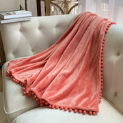 Flannel Blanket with Pompom Fringe Lightweight Cozy Bed Blanket Soft Throw