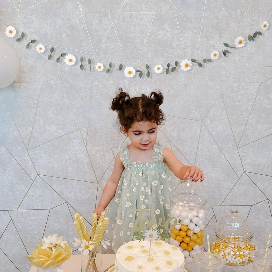 Wool Felt Daisy Chain Banner Garland - Daisy Decorations, Daisy Themed Nursery, White Wool Felt Daisy Green Leaf Garland