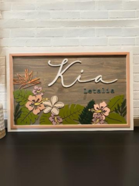 Hawaiian Floral Nursery SignThis adorable wood nursery sign would be a perfect addition to any little one’s room. 

This personalized sign is solid wood. 
3 sizes available -
12”x24 - Small
16xHawaiian Floral Nursery Sign