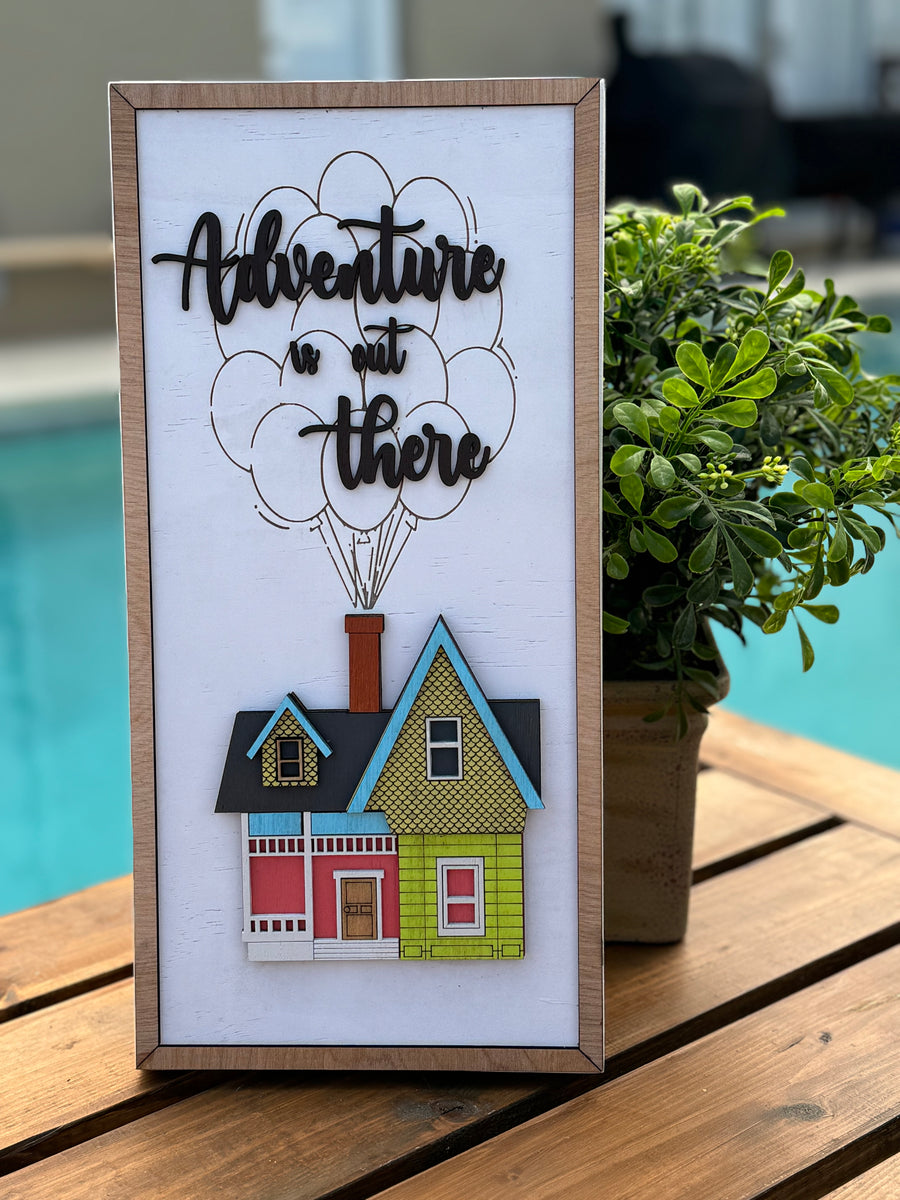 Adventure is Out There SignBeautiful Family Sign to hang in your home. Great gift for wedding or Housewarming. For Realtors they make great Closing gifts. 

Solid wood  stained sign is personaAdventure