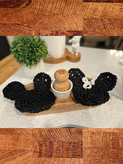 Mickey Scrubbies with Wood TrayIntroducing our exquisite mango wood tray with a wood dish brush and two adorable Mickey-shaped scrubby sponges! This charming set is perfect for adding a touch of DMickey Scrubbies