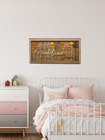 Floral Stem Nursery BoardThis adorable wood nursery sign would be a perfect addition to any little one’s room. 

This personalized sign is solid wood. 
3 sizes available -
12”x24 - Small
16xFloral Stem Nursery Board