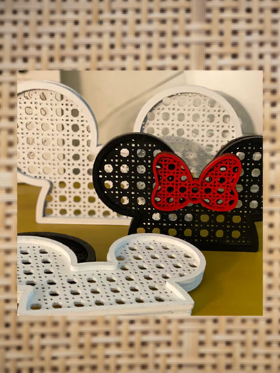 Rattan Mickey DecorSubtle Disney inspired decor. Rattan look cut from Birch. 
Great to add a little touch of magic to a room. 

Mickey and Minnie available 

2 colors available: 
BlackRattan Mickey Decor