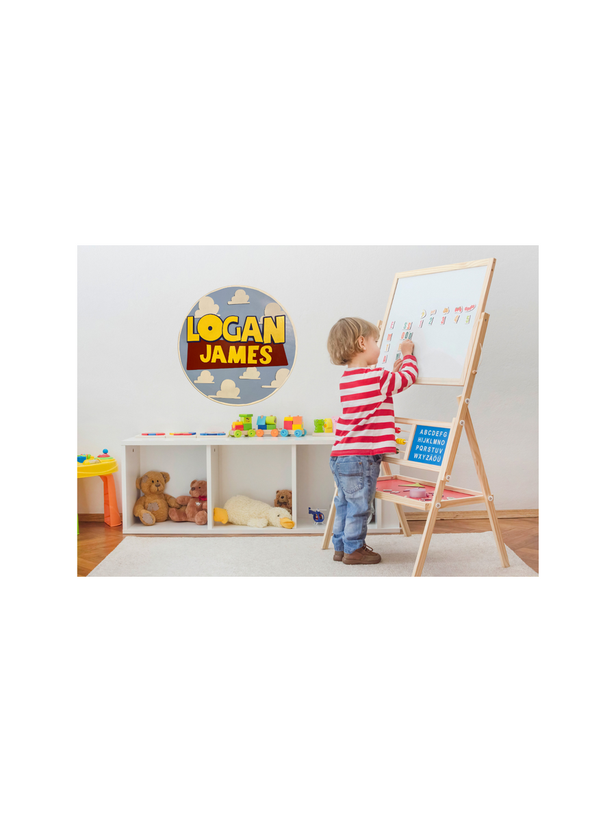 Personalized Toy Story-Themed Nursery Wall Art - Large Circle with Cloud Background