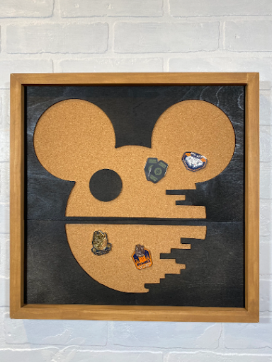 Mickey Death Star Pin BoardDisplay your Disney Pin collection and create a statement piece for your wall. 
Oversized board is @16” x 16” x 1.5”
Solid wood construction. 1/4” 100% sustainable wMickey Death Star Pin Board