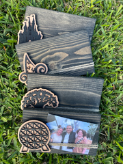 Park Icon Picture FrameGreat way to display your Disney park Memories. Frame holds a 4x6 photo. 
Wood frame stained your choice. Park Icon is laser cut , hand painted , layered and attachePark Icon Picture Frame