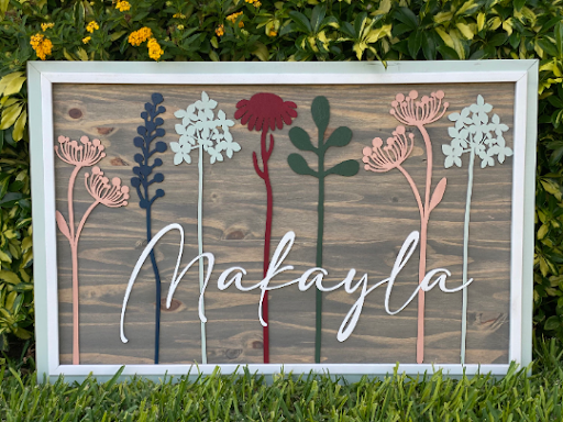 Floral Stem Nursery BoardThis adorable wood nursery sign would be a perfect addition to any little one’s room. 

This personalized sign is solid wood. 
3 sizes available -
12”x24 - Small
16xFloral Stem Nursery Board