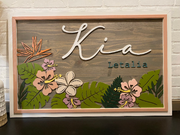 Hawaiian Floral Nursery SignThis adorable wood nursery sign would be a perfect addition to any little one’s room. 

This personalized sign is solid wood. 
3 sizes available -
12”x24 - Small
16xHawaiian Floral Nursery Sign